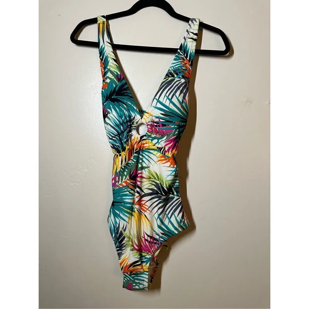 Shade and Shore Deep Plunge Tropical Palm One Piece Swimsuit Size XS New